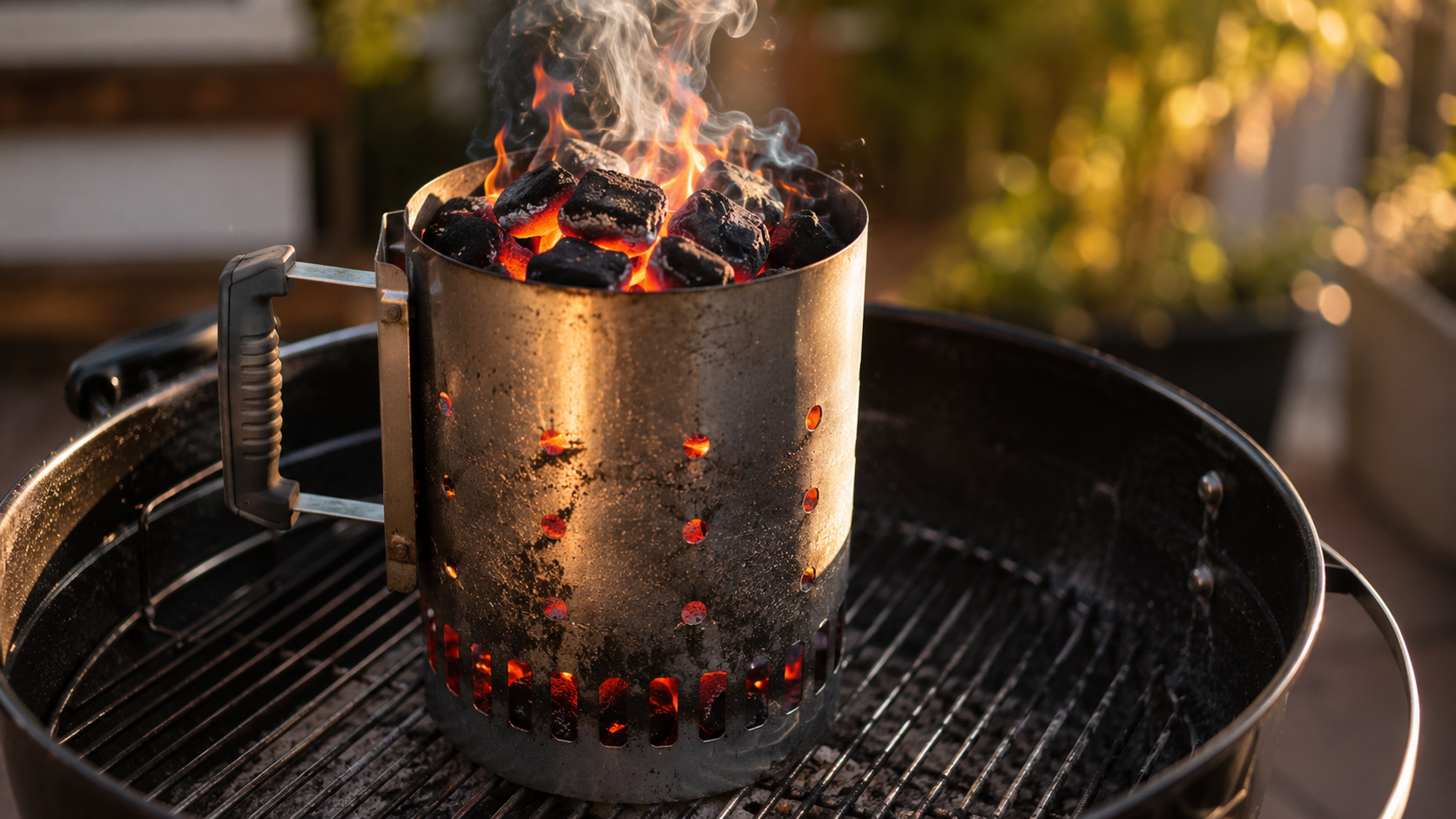 A charcoal chimney starter filled with glowing charcoal on a backyard BBQ