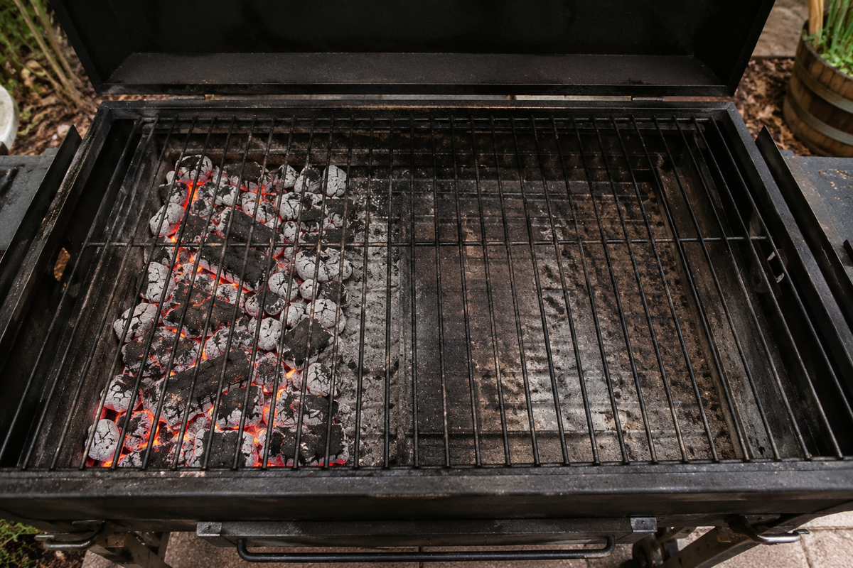 charcoal BBQ with coals on one side showing direct and indirect heat zones