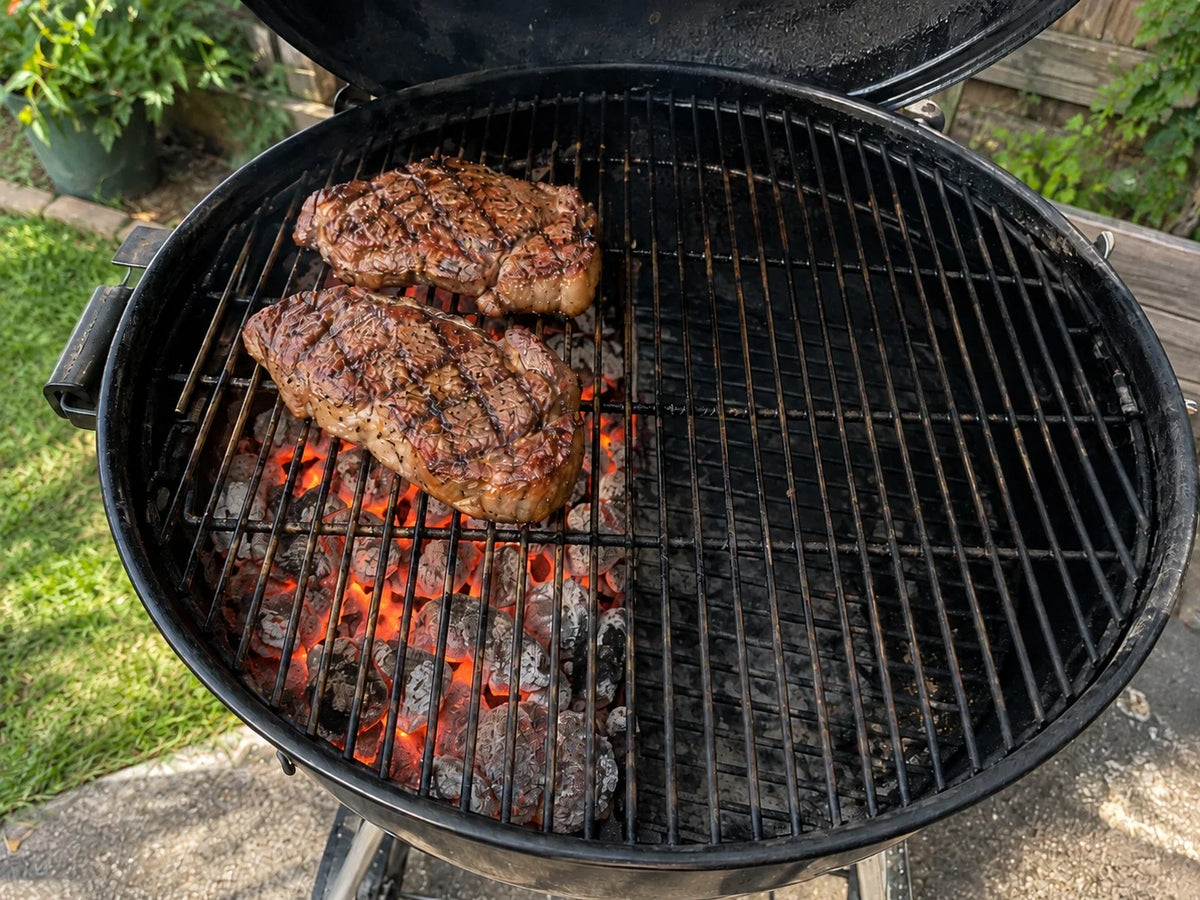 Charcoal kettle grill set up as a two-zone fire, with coals on one side and two steaks searing over the hot zone