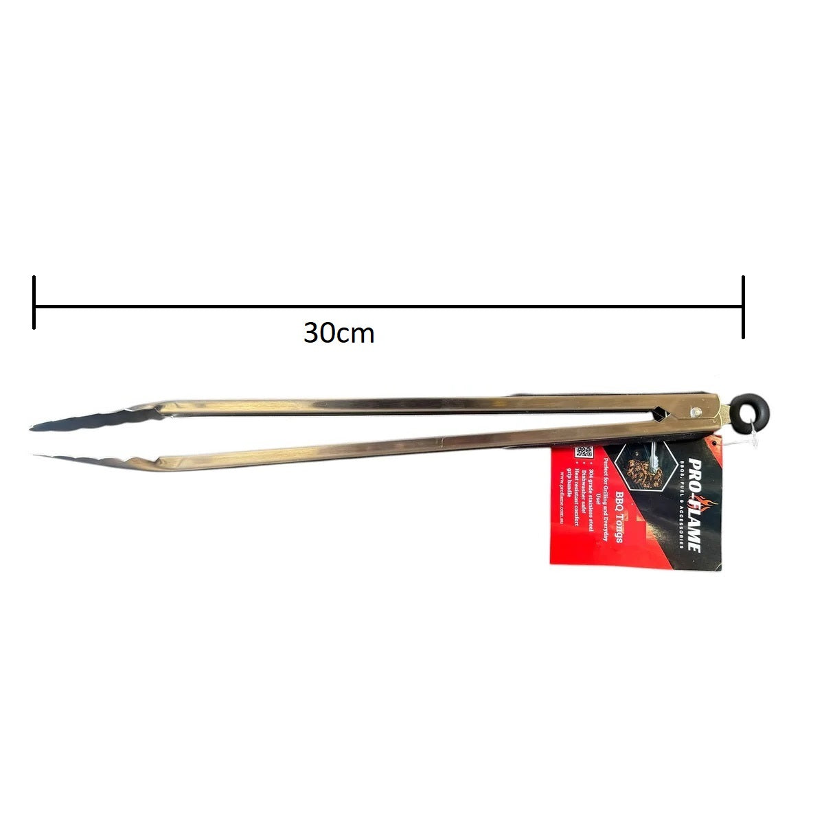 30cm stainless steel BBQ tongs side view with length measurement