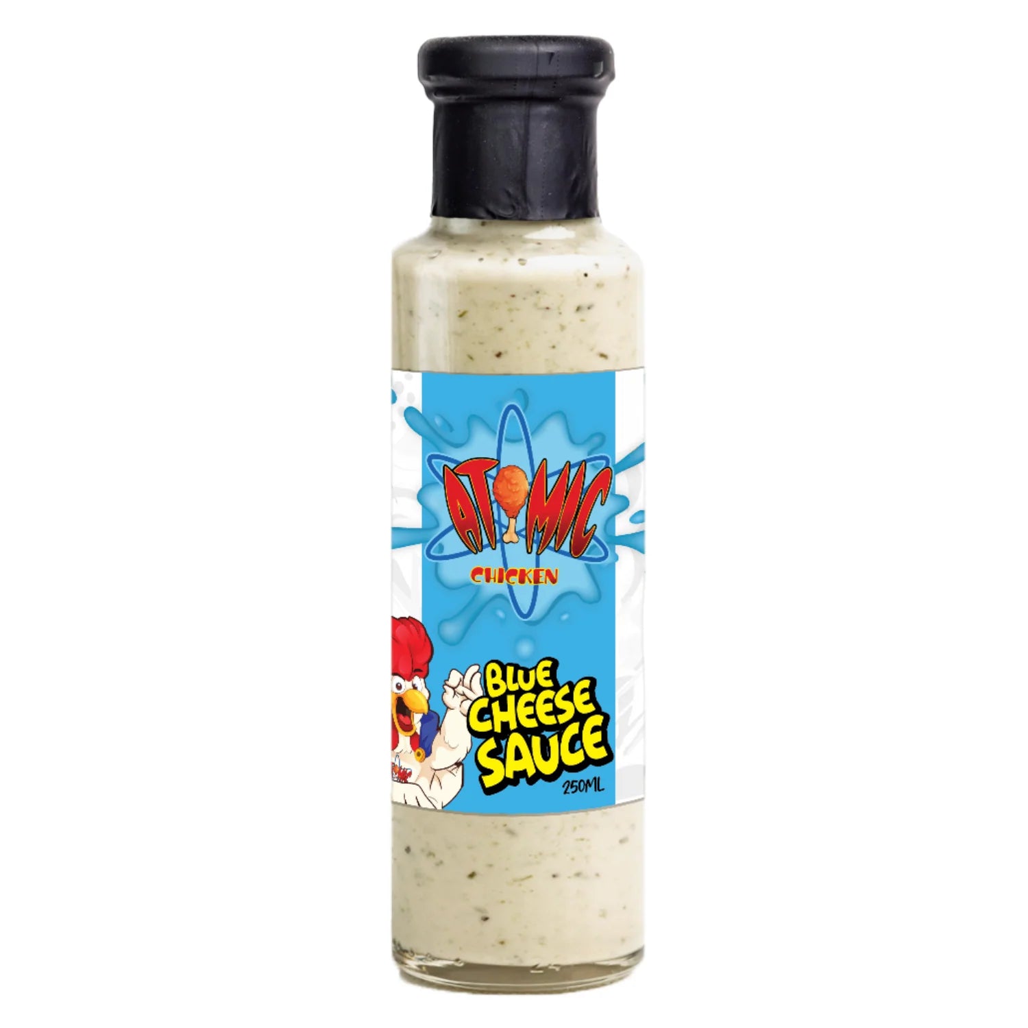 Atomic Chicken Blue Cheese Sauce bottle with creamy blue cheese dipping sauce in a 250ml glass bottle featuring bold blue Atomic Chicken branding and cartoon chicken logo.