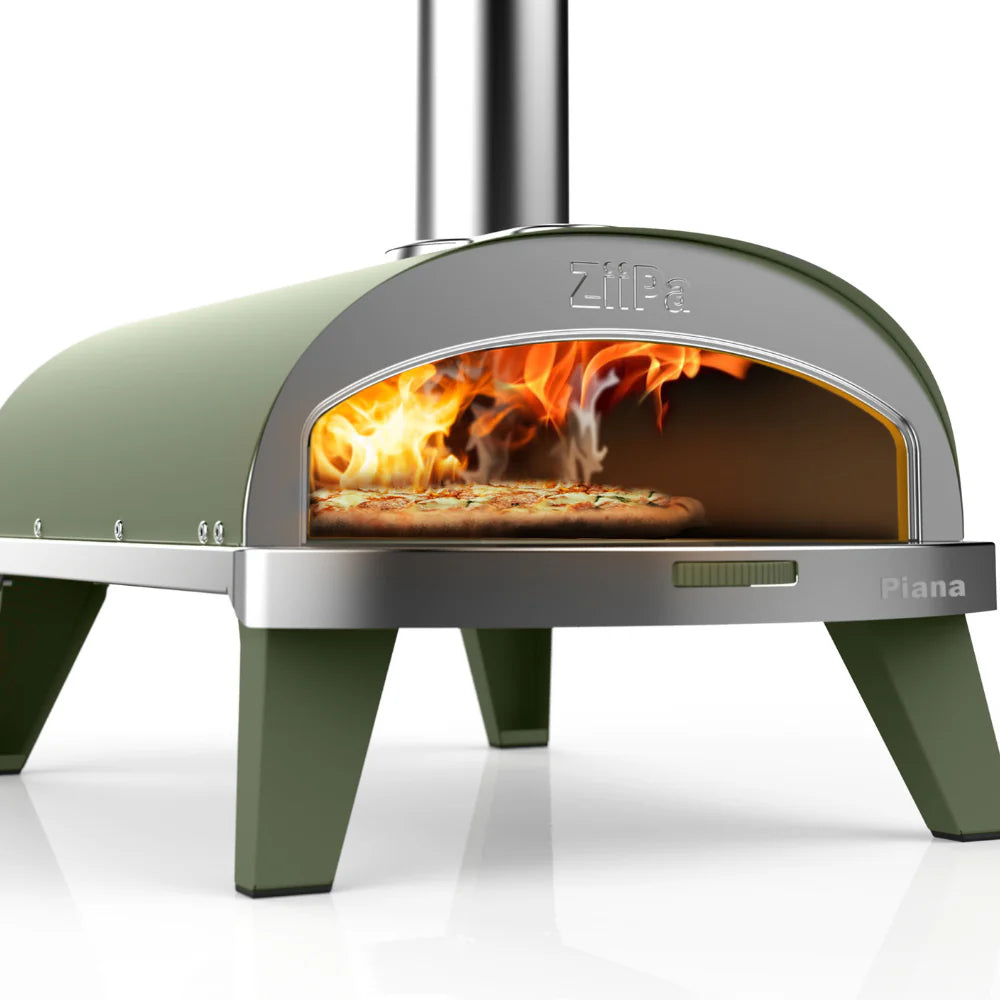 ZiiPa Piana oven cooking pizza with flame inside – front angle