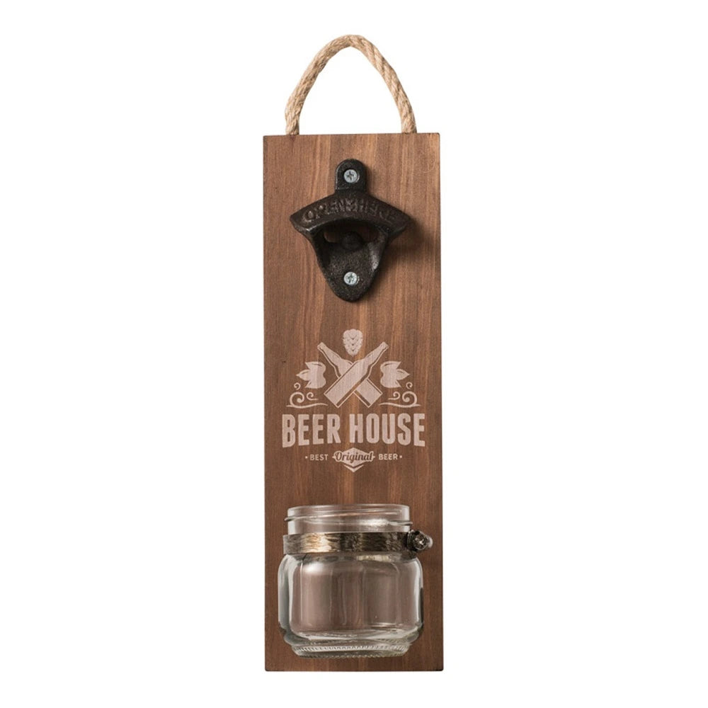 Rustic Avanti wall-mounted bottle opener with glass mason jar cap catcher