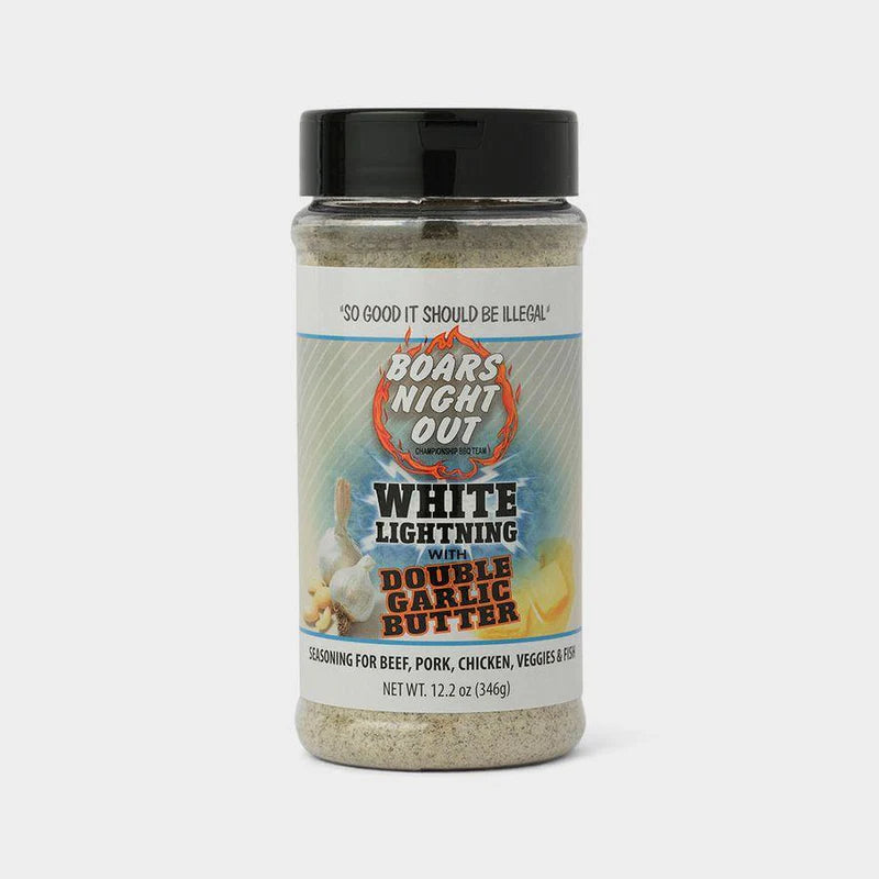 Boars Night Out White Lightning Double Garlic Rub 345g – front view of the BBQ seasoning jar
