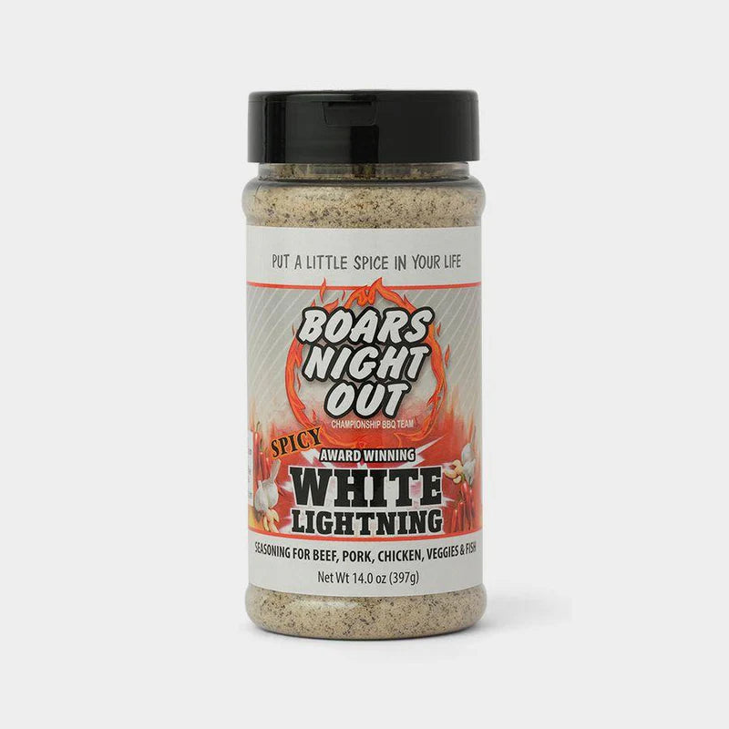 Boars Night Out Spicy White Lightning Rub 397g – BBQ seasoning for beef, pork, chicken, veggies and fish in a black-lid shaker jar