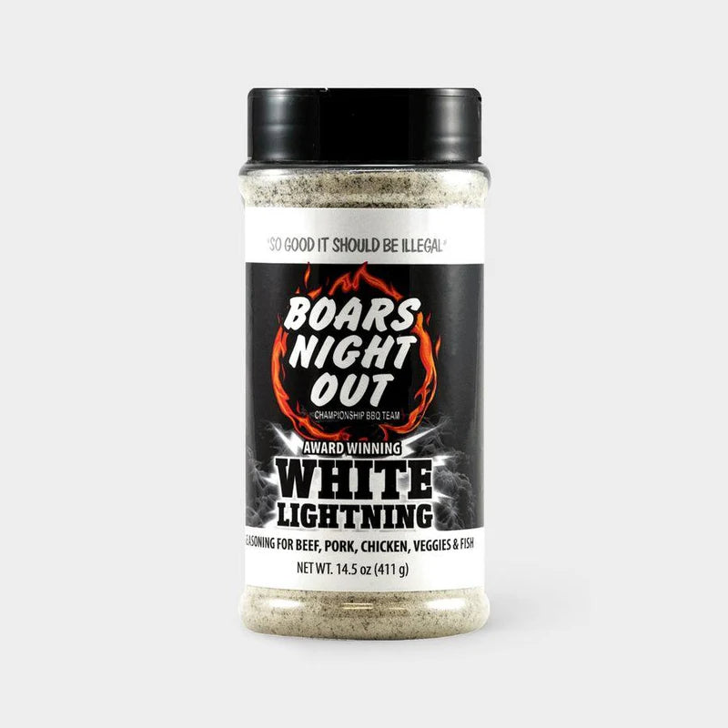 Boars Night Out White Lightning Rub 411g – all-purpose BBQ seasoning for beef, pork, chicken, fish and veggies in black-label shaker jar
