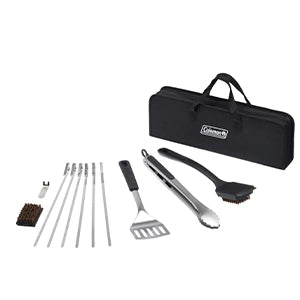 Coleman 12-piece BBQ tool kit including skewers, spatula, tongs, grill brush, and storage case