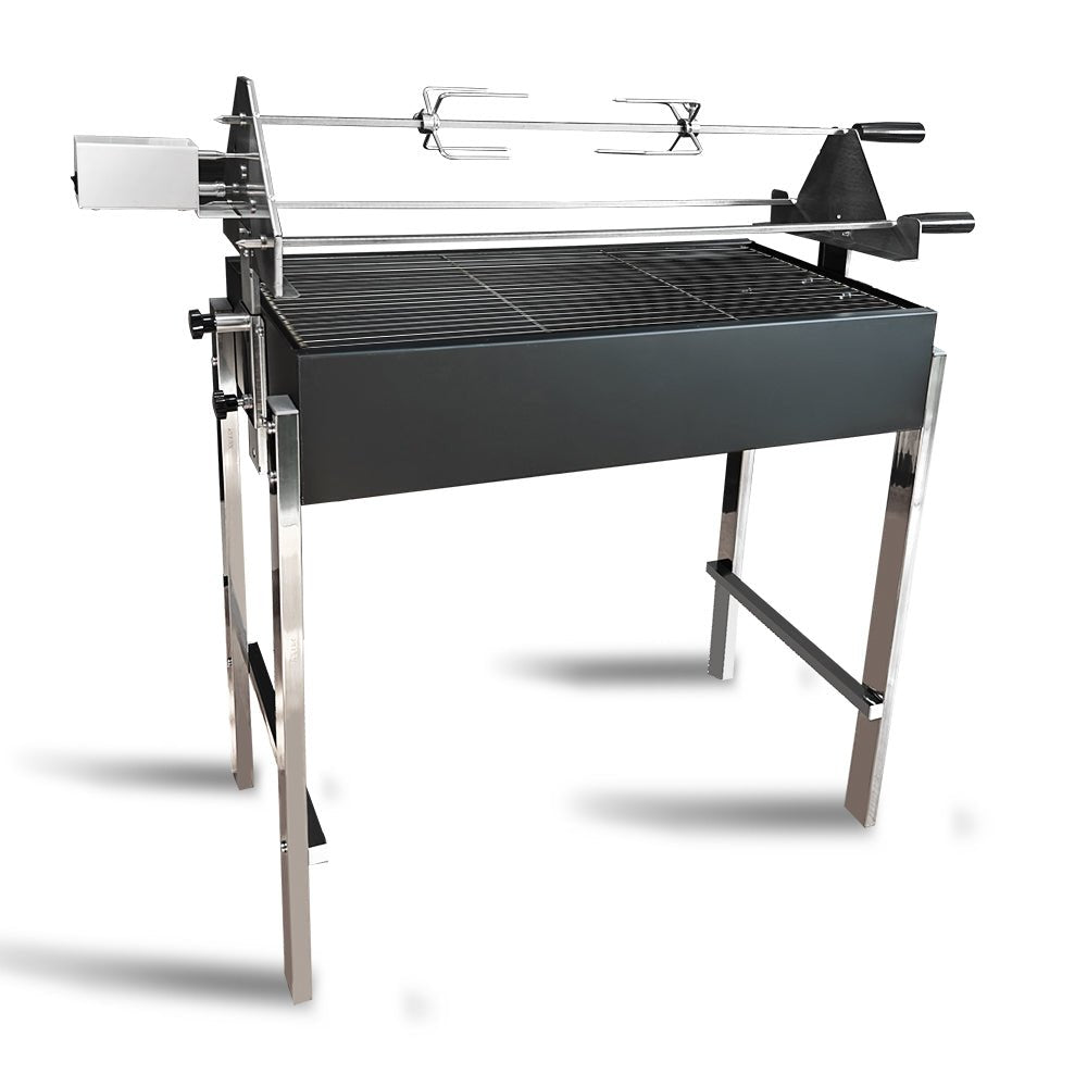 Cyprus BBQ rotisserie grill with 3 stainless steel skewers, shown from front angle.