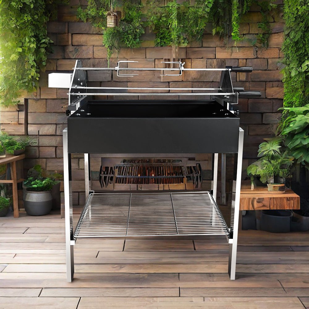 Cyprus BBQ set up on outdoor wooden deck with greenery in the background.