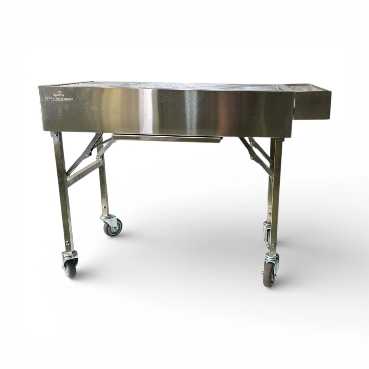 Side view of Family Portable BBQ with stainless steel body and wheels