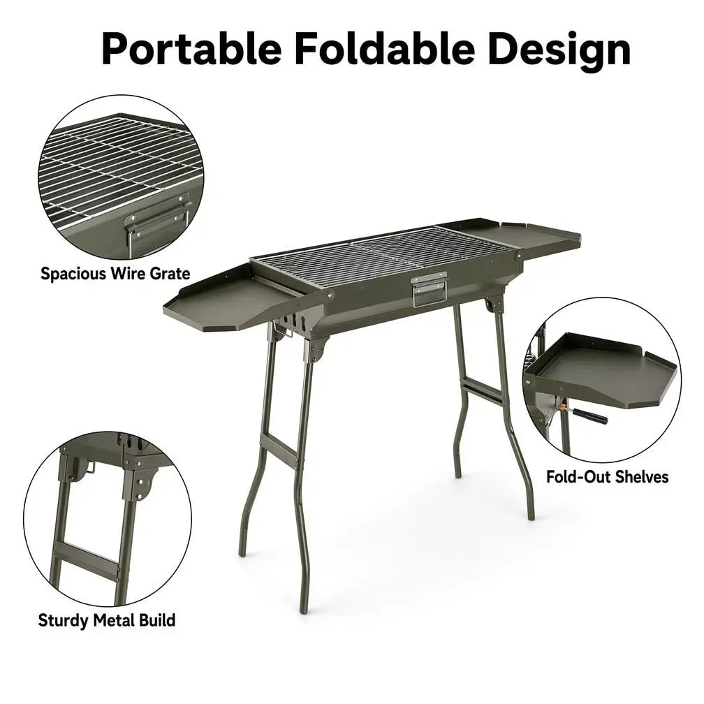 Foldable charcoal BBQ showing wire cooking grate metal legs and fold out side shelves