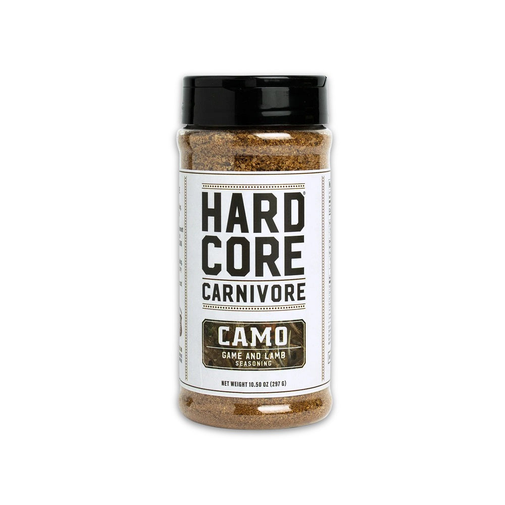 Front view of Hardcore Carnivore Camo seasoning bottle 297g