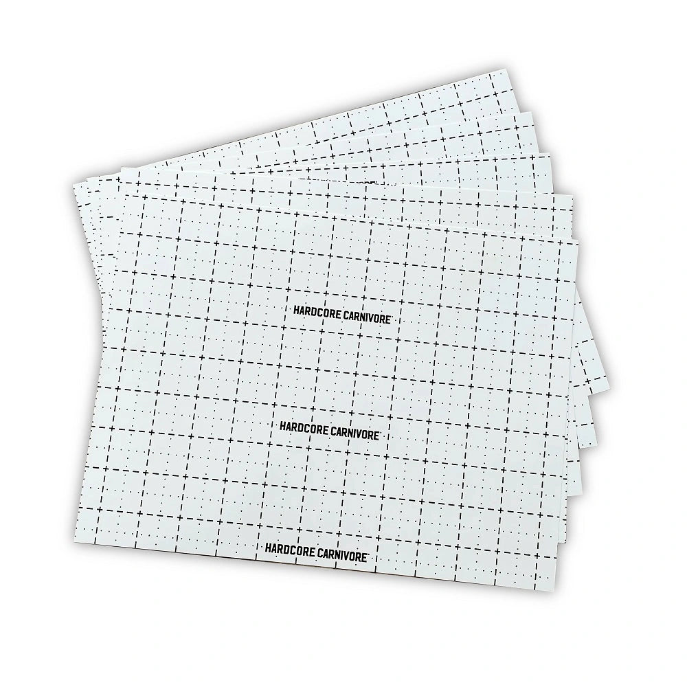 Hardcore Carnivore disposable cutting boards 30 pack with printed measurement grid