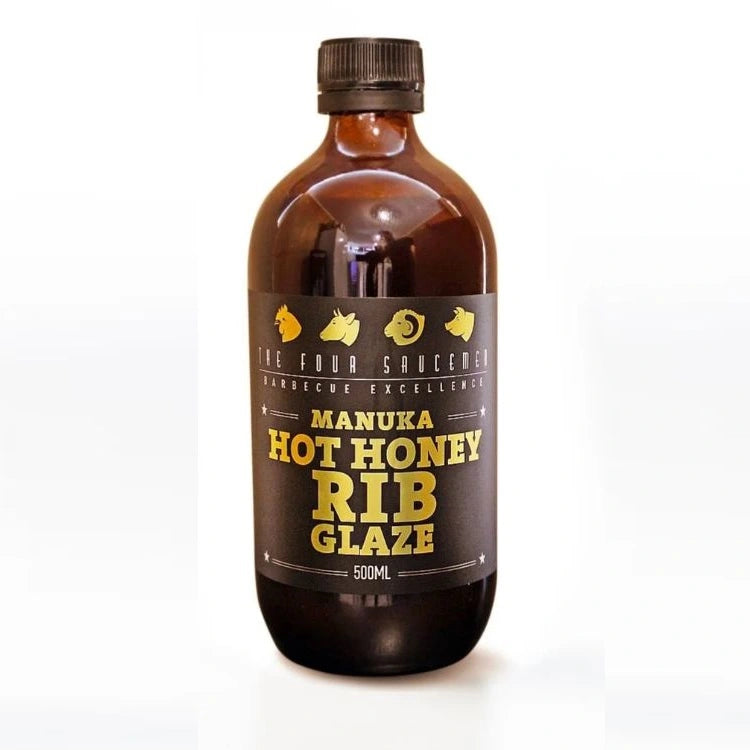 Bottle of Manuka Hot Honey Rib Glaze championship winning glaze on a white background