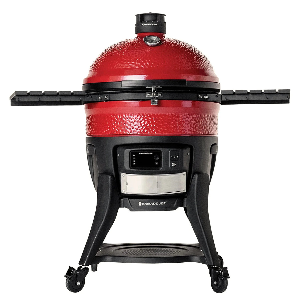 Kamado Joe Big Joe Konnected Joe digital kamado, closed, with Kontrol Board above the ash drawer and Kontrol Tower top vent