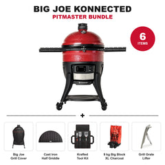 Kamado Joe Big Joe Konnected Pitmaster Bundle: grill with Big Joe cover, cast iron half griddle, Krafted tool kit, 9 kg Big Block XL charcoal and grate lifter