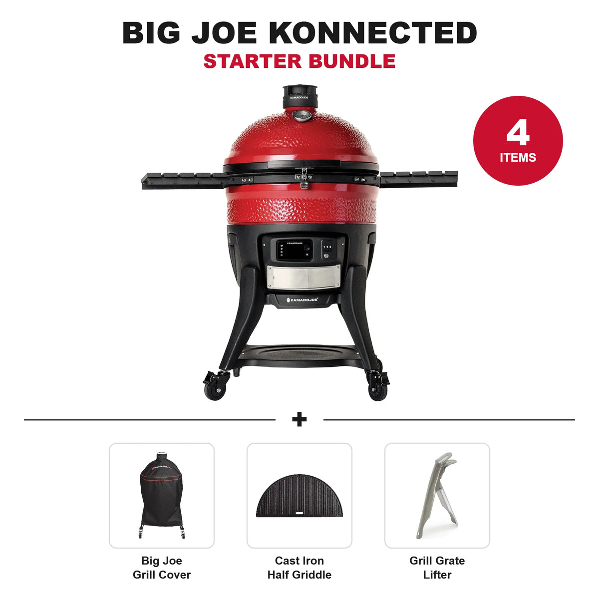 Kamado Joe Big Joe Konnected Starter Bundle: grill with Big Joe cover, cast iron half griddle and grate lifter
