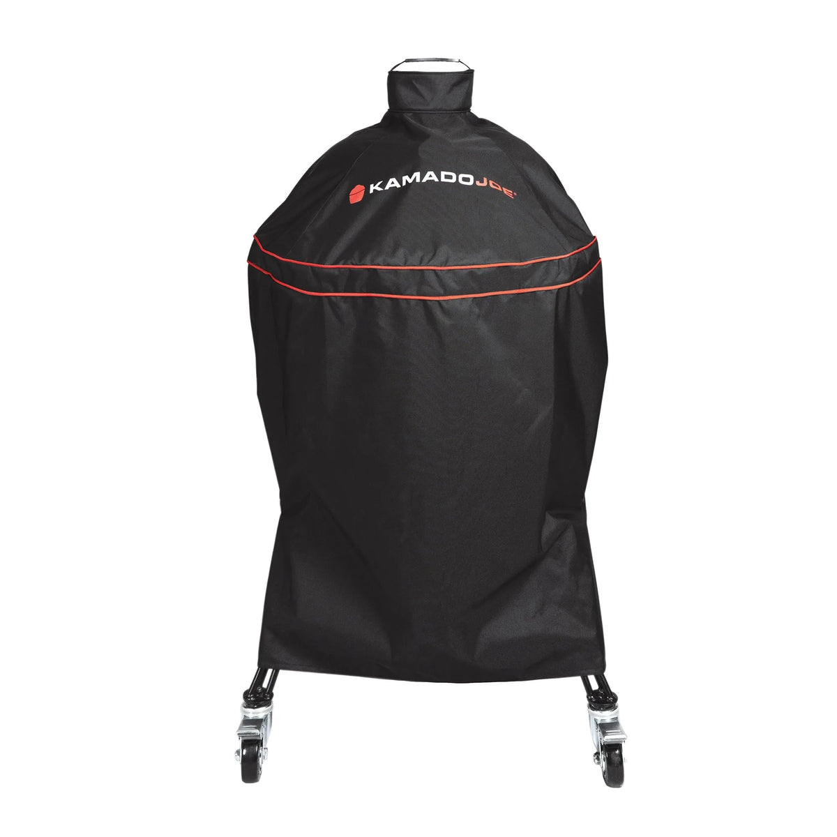 Black Kamado Joe Heavy-Duty Grill Cover with red trim fitted over a kamado and cart