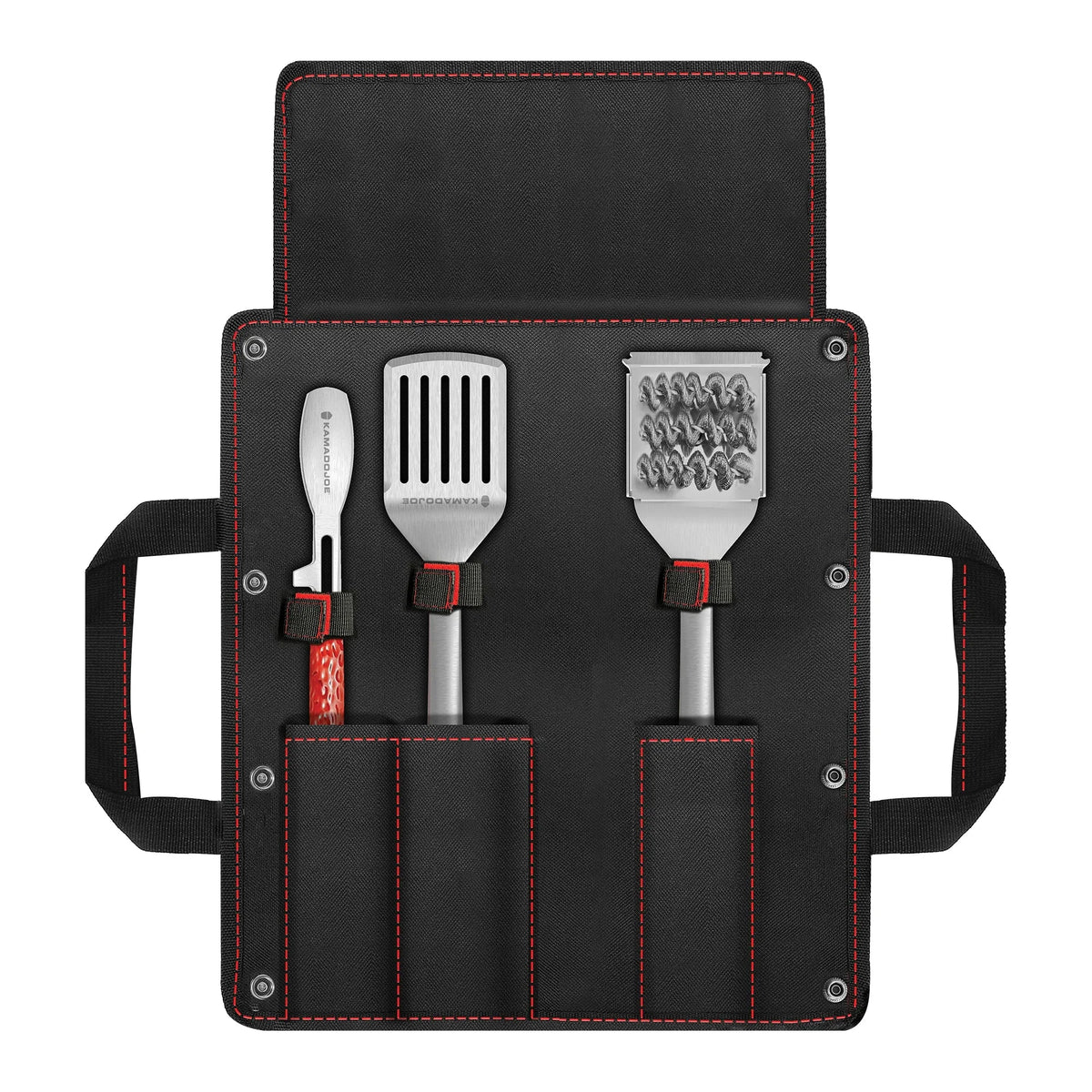 Kamado Joe Krafted Steel tongs, spatula and grill brush in canvas case