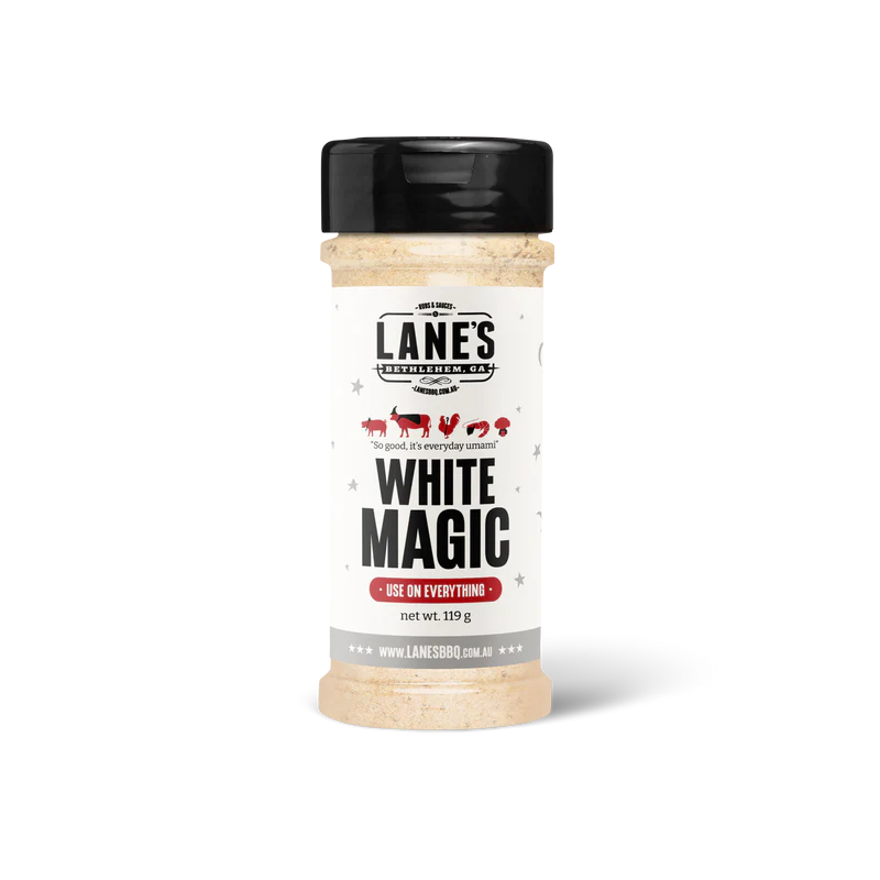 Lane’s White Magic BBQ rub 119g bottle product image on black background