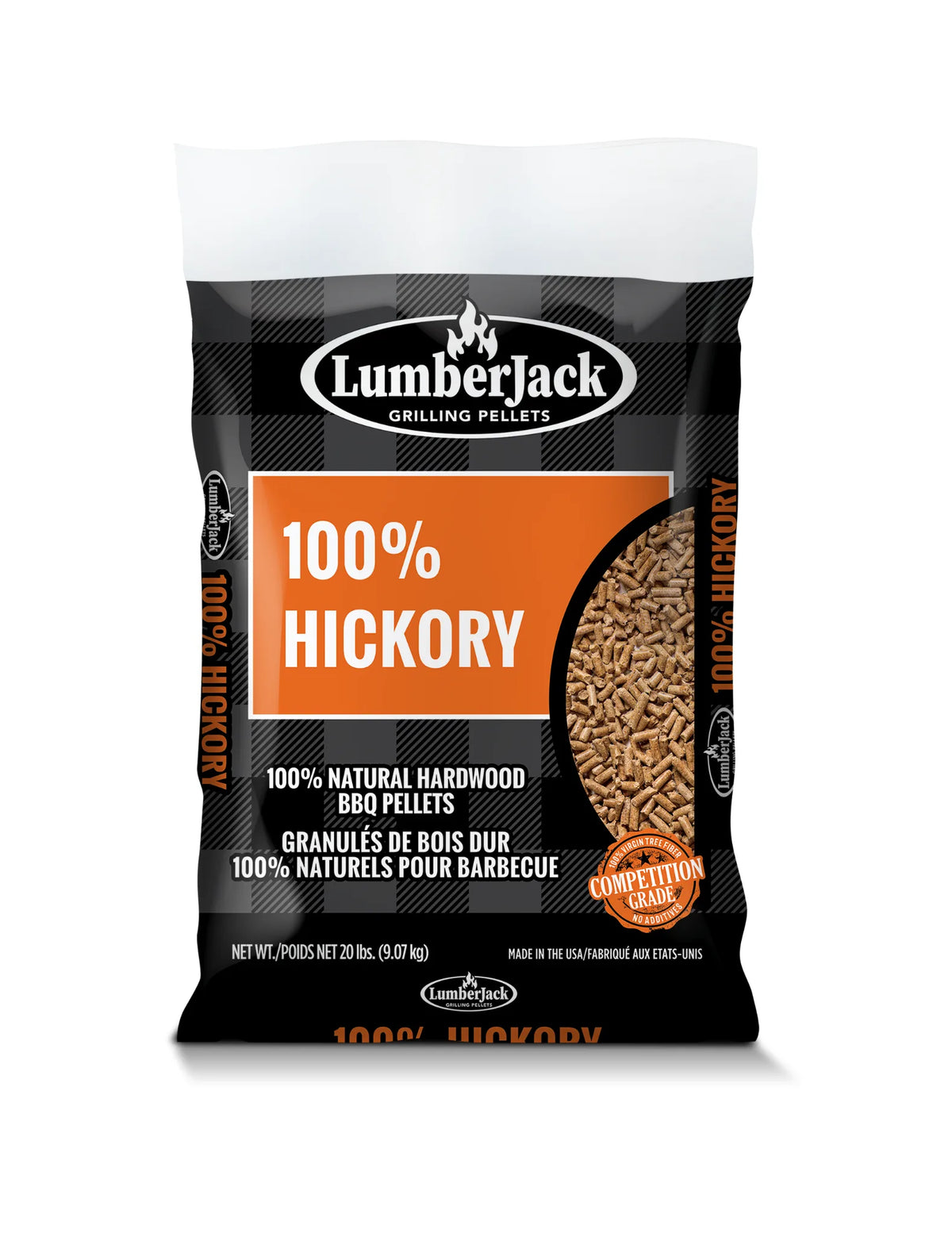 Lumberjack 100% Hickory BBQ pellets 9.07 kg bag with bilingual label