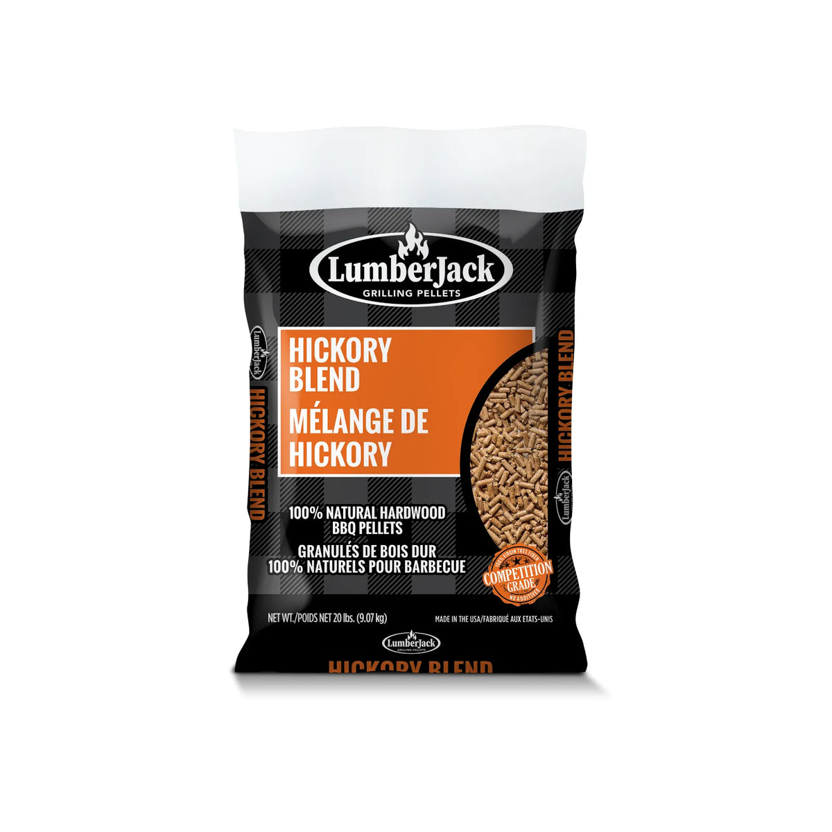 Lumberjack Hickory Blend BBQ pellets 9.07 kg bag with bilingual label