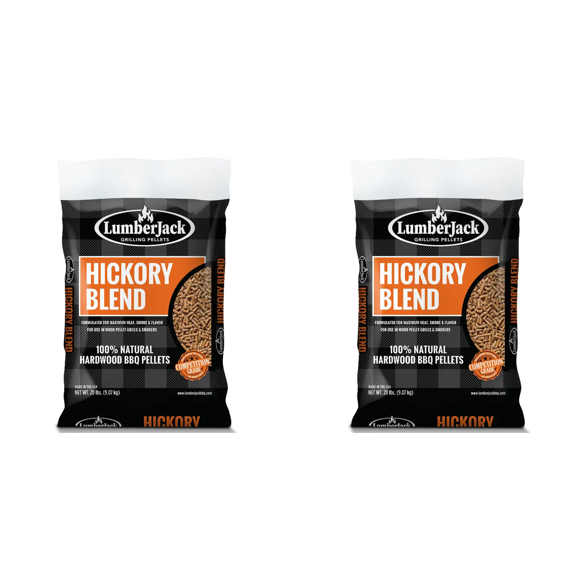 Two 9.07 kg bags of Lumberjack Hickory Blend smoking pellets