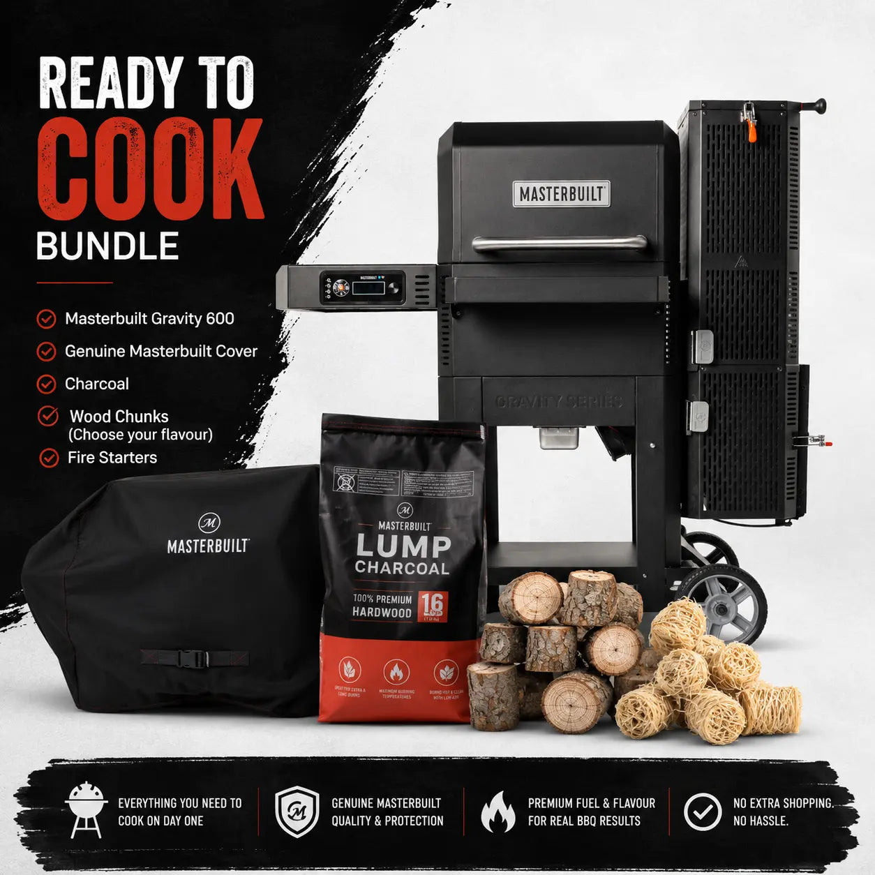 Masterbuilt Gravity 600 Ready to Cook Bundle including the Gravity Series 600 Digital Charcoal BBQ, genuine BBQ cover, premium lump charcoal, smoking wood chunks and natural fire starters for complete charcoal cooking from day one.