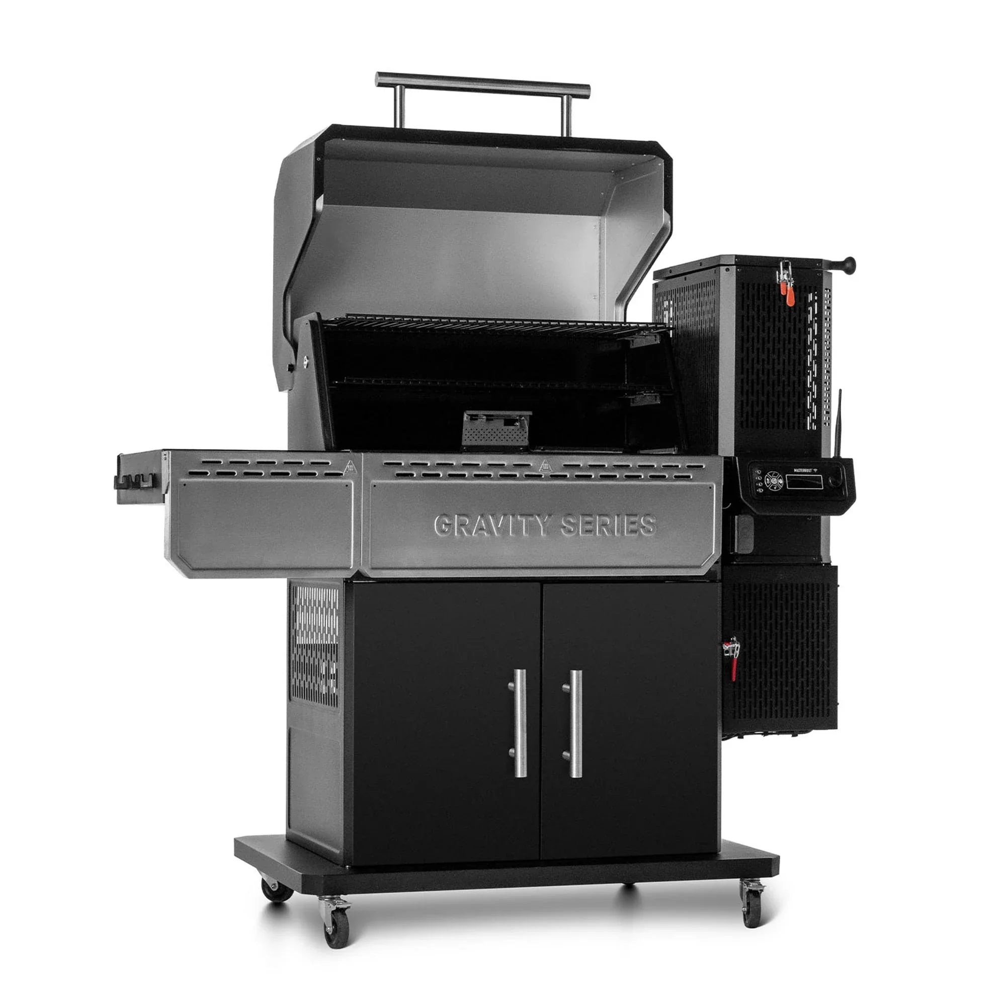 Masterbuilt Gravity Series 1150 charcoal BBQ smoker with lid open showing cooking area