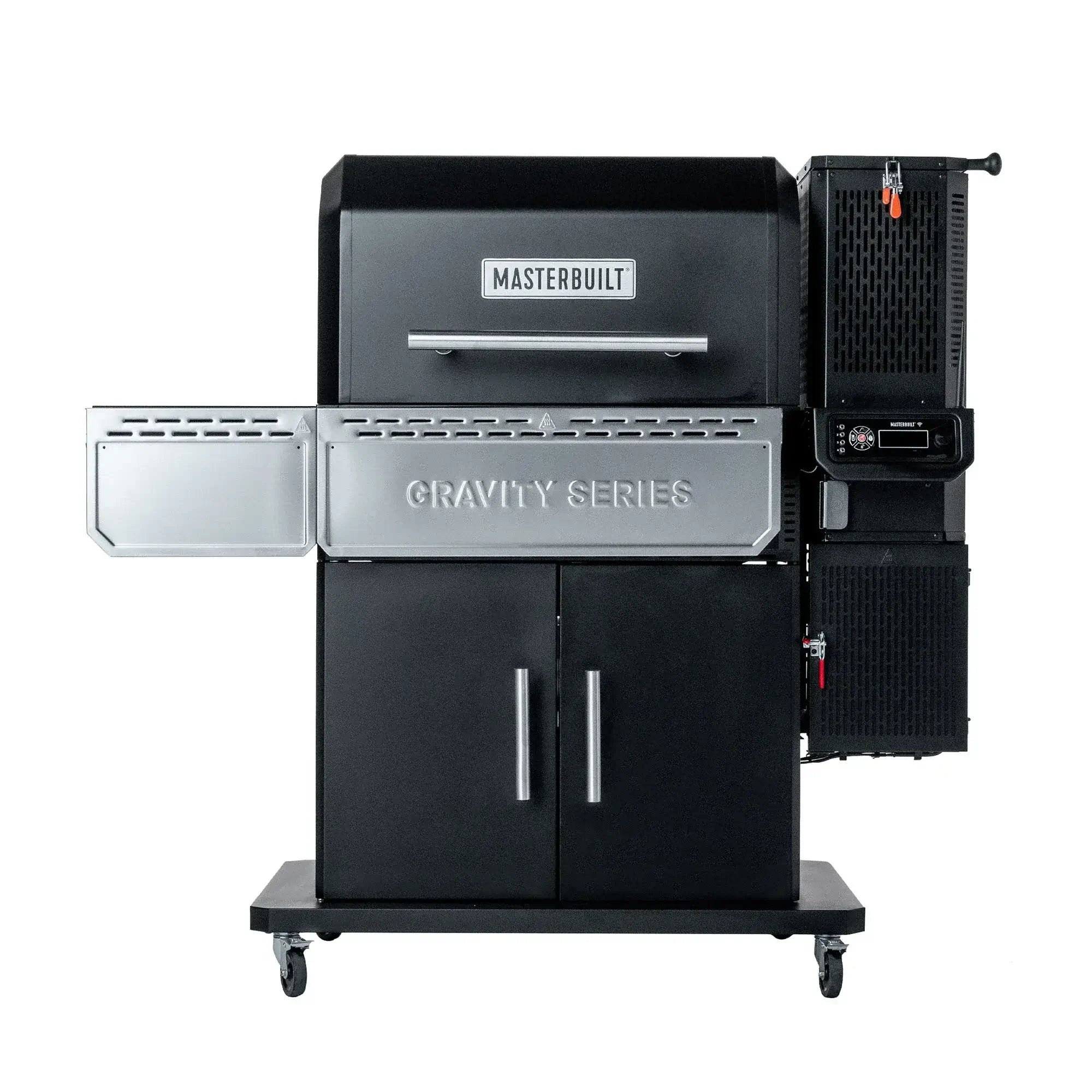 Masterbuilt Gravity Series 1150 digital charcoal BBQ smoker front view with hopper and side shelf