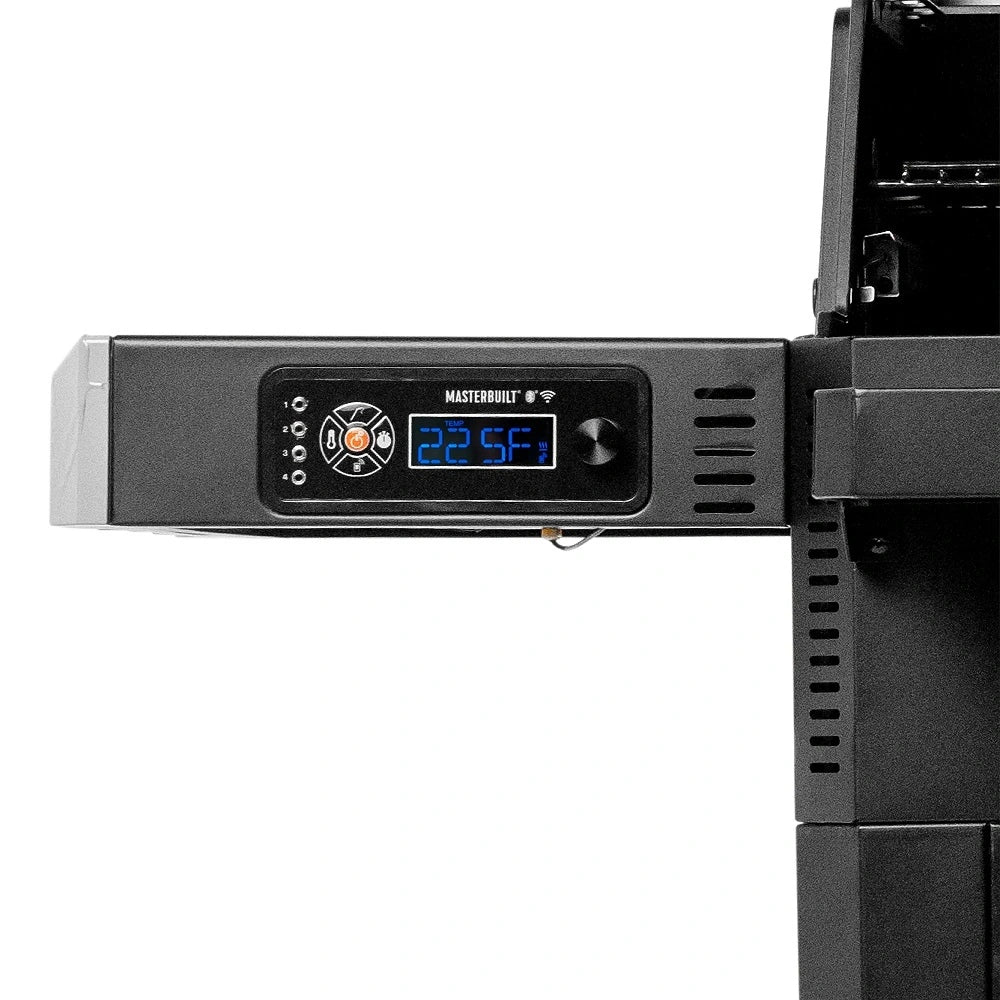Digital temperature control panel on the Masterbuilt Gravity Series 600 charcoal BBQ