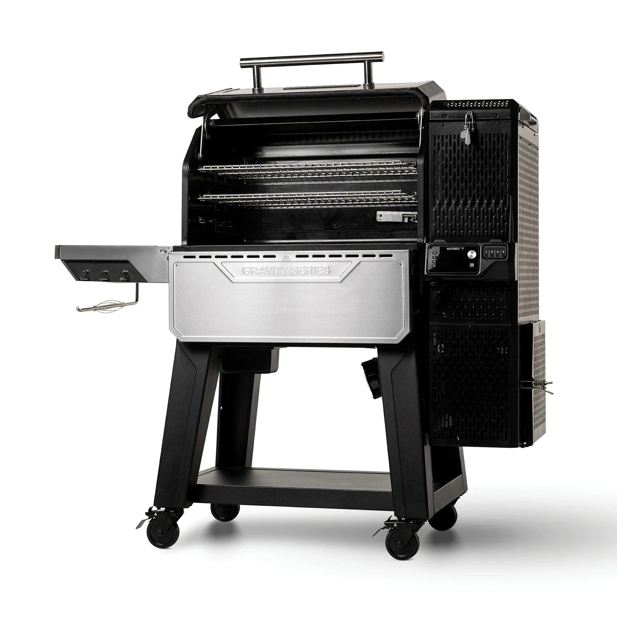 Masterbuilt Gravity Series XT with lid open showing the spacious multi level cooking chamber and stainless steel warming racks.