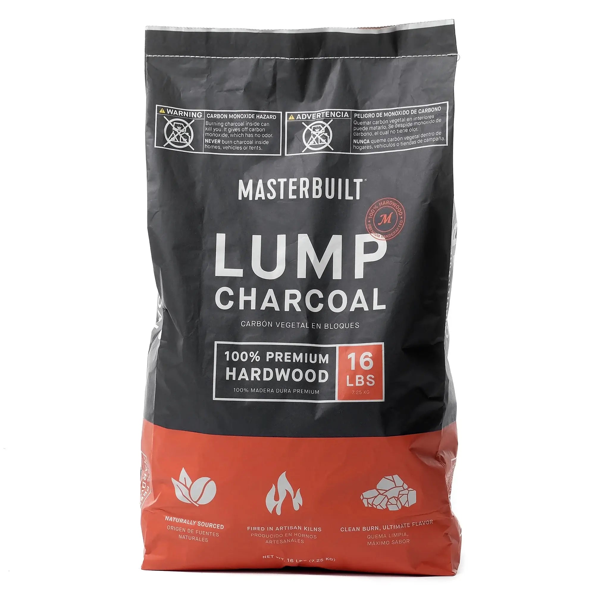 Front view of the Masterbuilt Premium Hardwood Lump Charcoal 7.25 kg bag made from 100% premium hardwood for clean burning charcoal grilling.