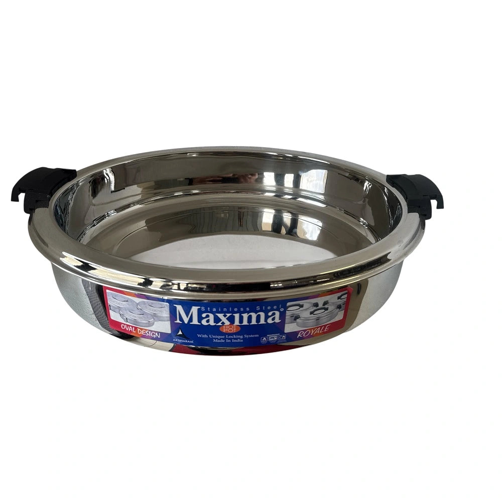 Maxima 7.5L Food Warmer with lid open, showing stainless steel interior and plastic handles