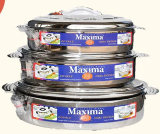 Maxima Food Warmers – 3 Piece Set with Clip Handles in 3500ml, 5000ml and 7500ml Sizes