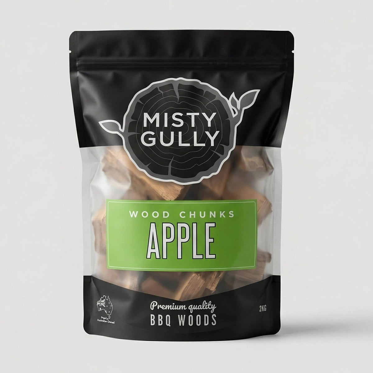 Misty Gully Apple Wood Chunks 2kg premium BBQ smoking wood for charcoal grills, smokers, kamado cookers, pork, chicken, seafood, and cheese smoking.