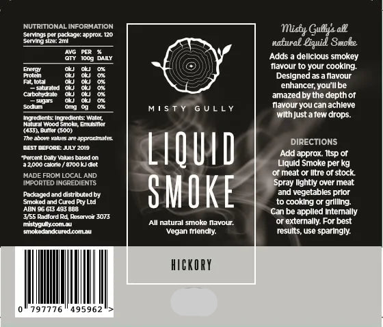 Misty Gully Hickory Liquid Smoke 200ml bottle label showing ingredients, directions and nutritional information