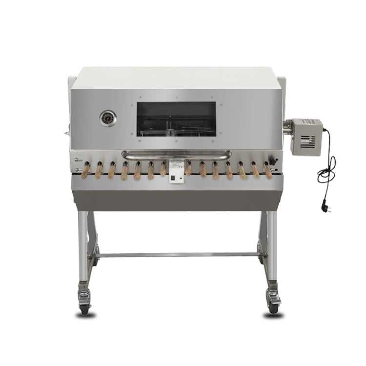 Multi Rotisserie stainless steel charcoal BBQ with 14 skewers, 60kg motor and hooded viewing window – front view