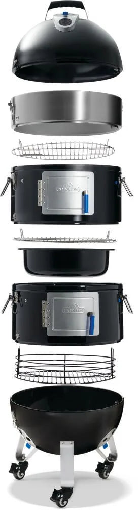 Exploded view of the Napoleon Apollo 18 smoker showing lid, cooking grids, water pan, charcoal basket and base