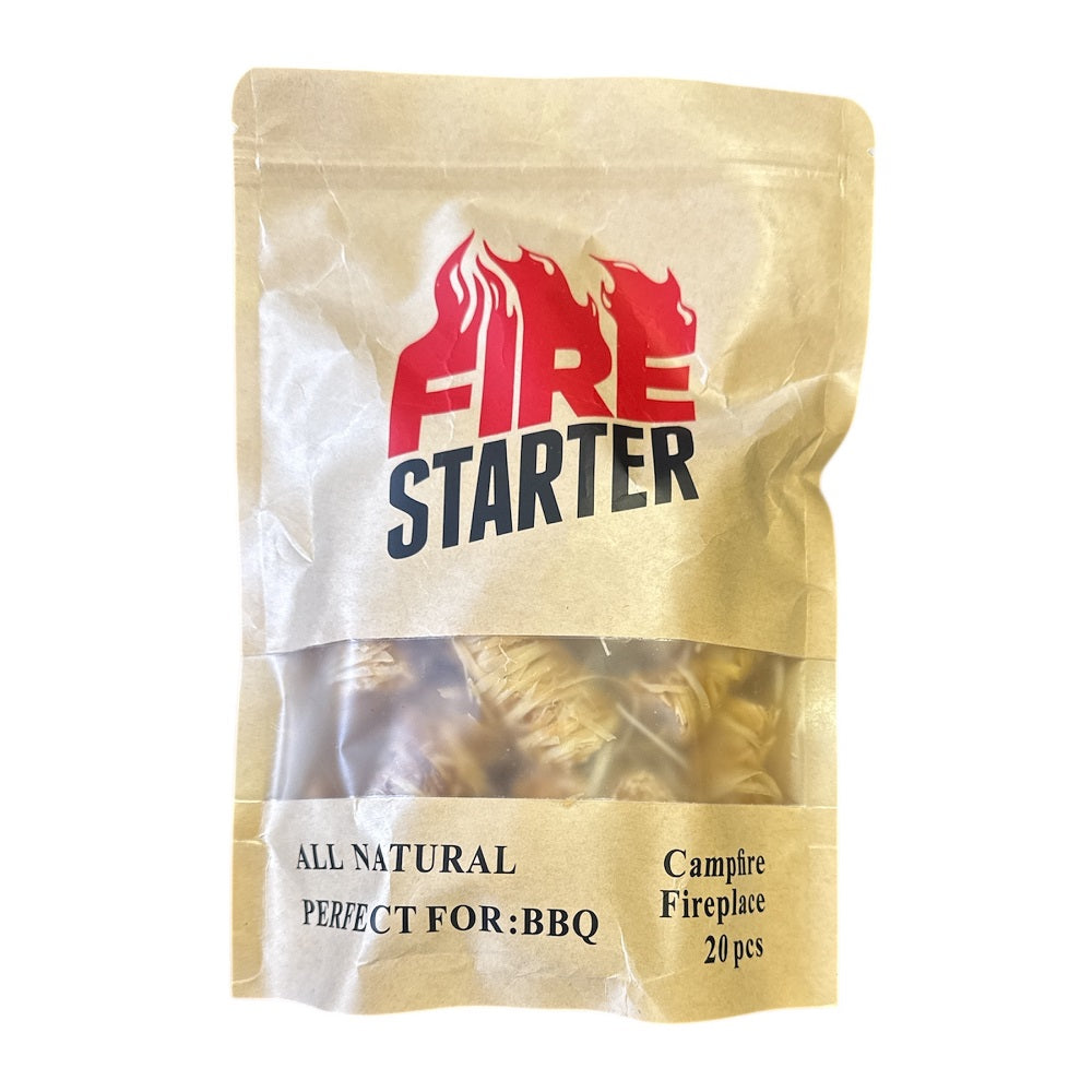 Natural wood wool firelighters in eco-friendly kraft paper packaging – 20 pack for BBQs and camping