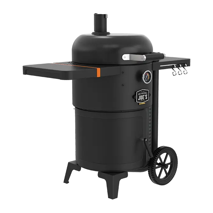 Oklahoma Joe’s Bronco 2.0 charcoal smoker angled view with lid closed and shelves
