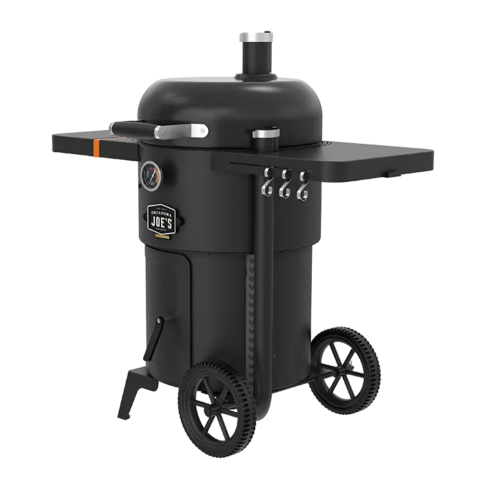 Oklahoma Joe’s Bronco 2.0 smoker showing tool hooks and side shelf setup