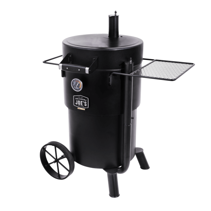 Angled view of Oklahoma Joe’s Bronco Charcoal Smoker with handle and wheels