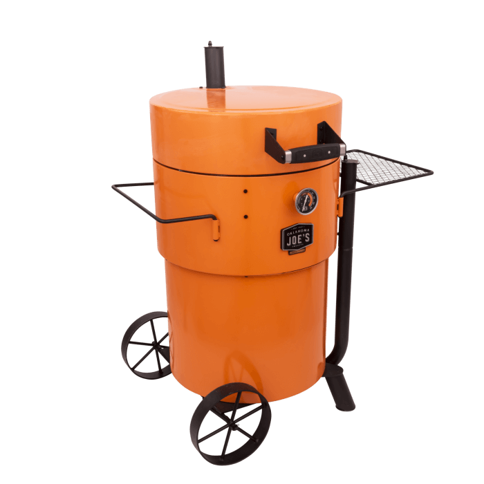 Angled view of Oklahoma Joe’s Bronco Pro Smoker with wheels and front vent