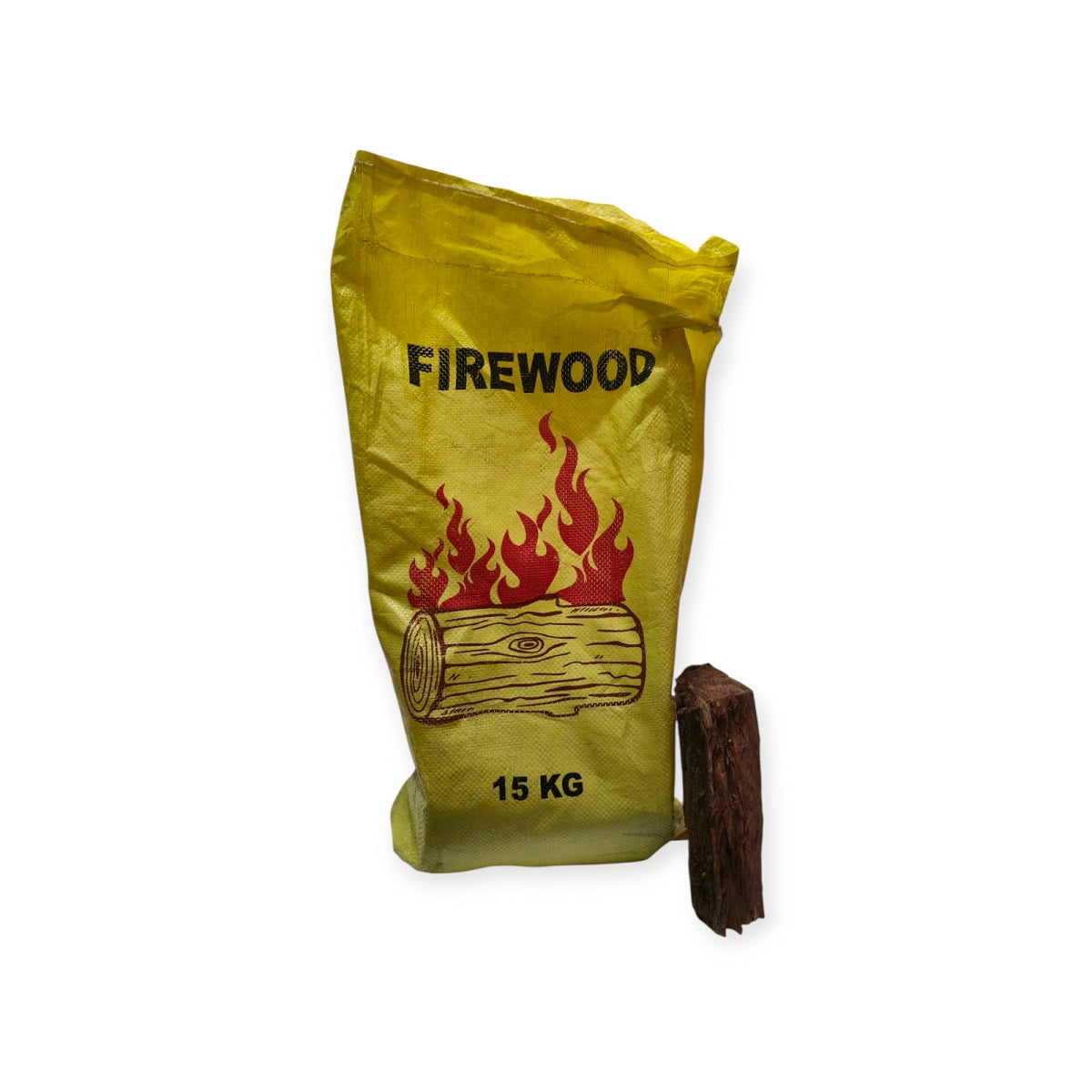 Yellow 15kg bag of Queensland ironbark firewood with a sample chunk shown. Durable packaging and dense split shown for product reference.