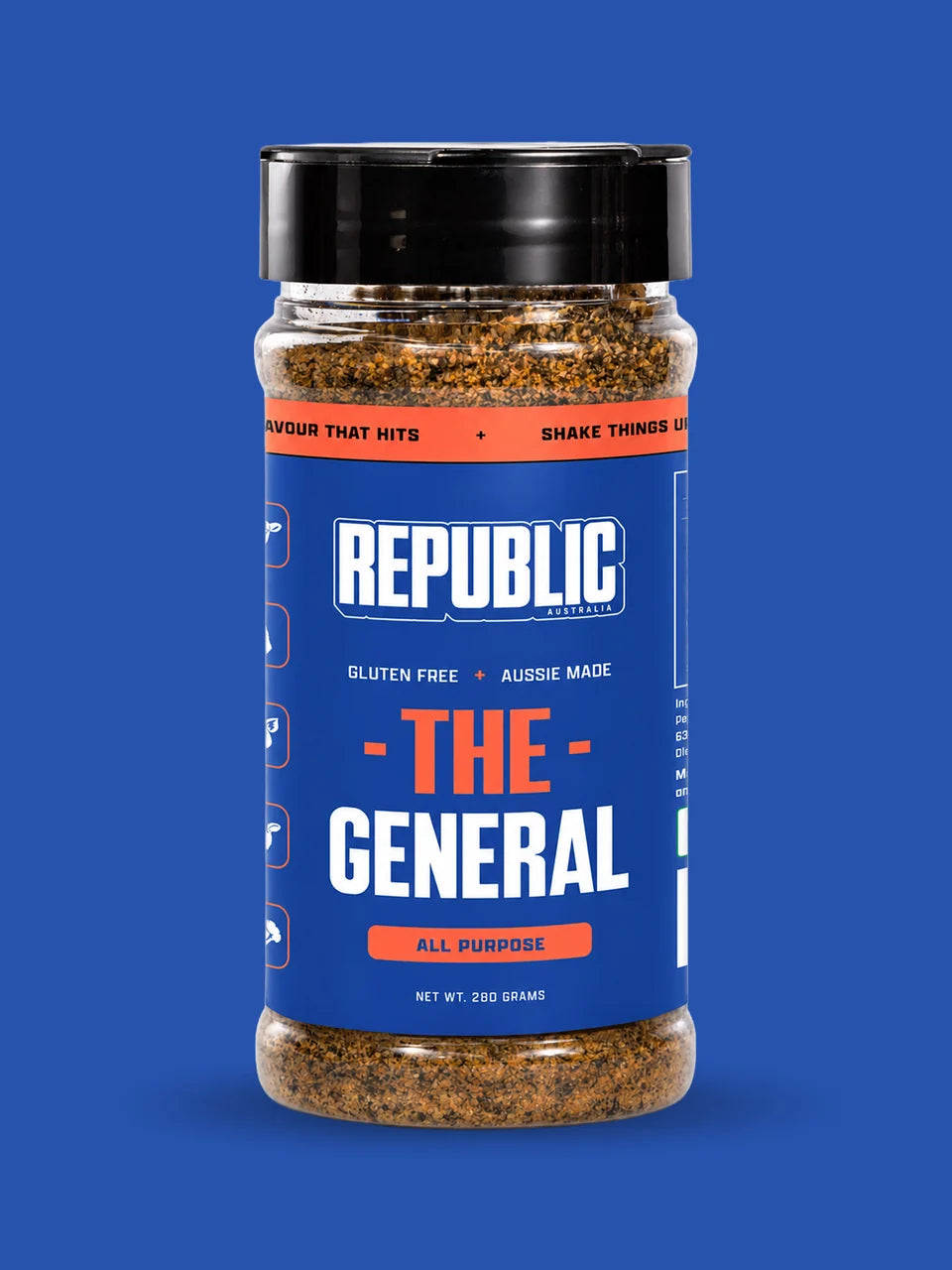 Republic The General All Purpose Seasoning jar on a blue background