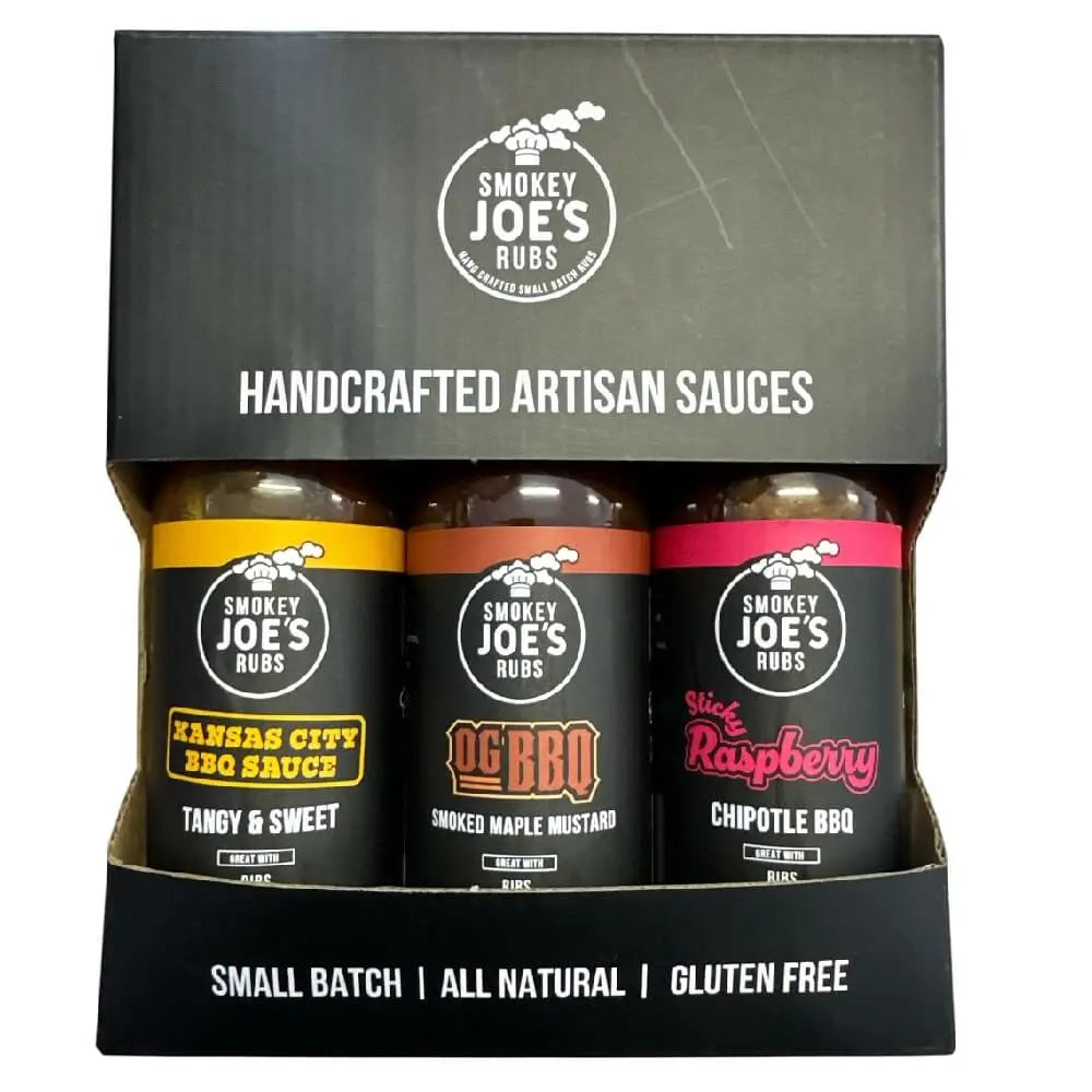 Smokey Joe’s Gourmet BBQ Sauce Trio Gift Pack – Kansas City BBQ, OG BBQ Smoked Maple Mustard, and Sticky Raspberry Chipotle BBQ, all-natural and gluten-free