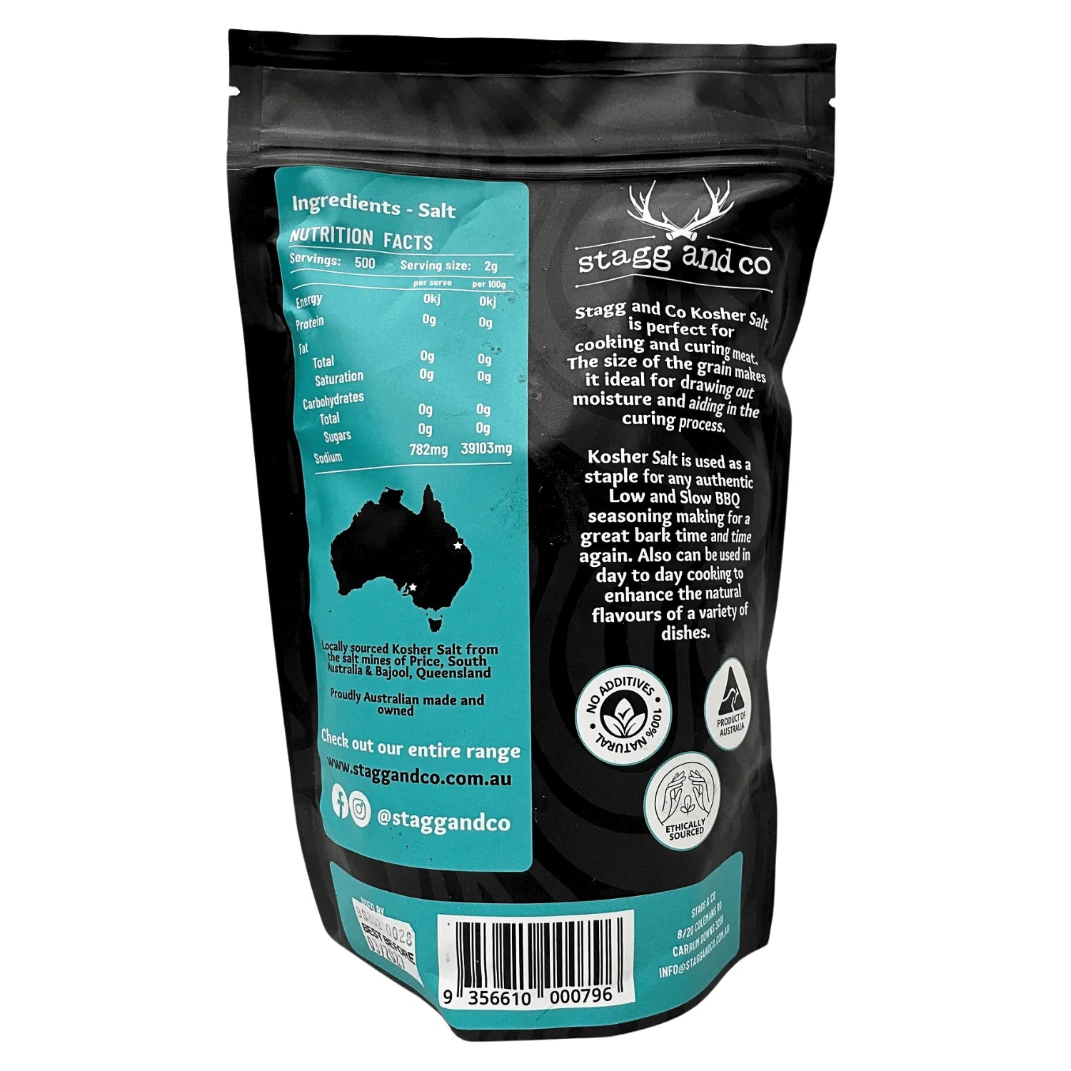 Back of Stagg & Co Kosher Salt 900g bag showing nutrition info and Australian origin