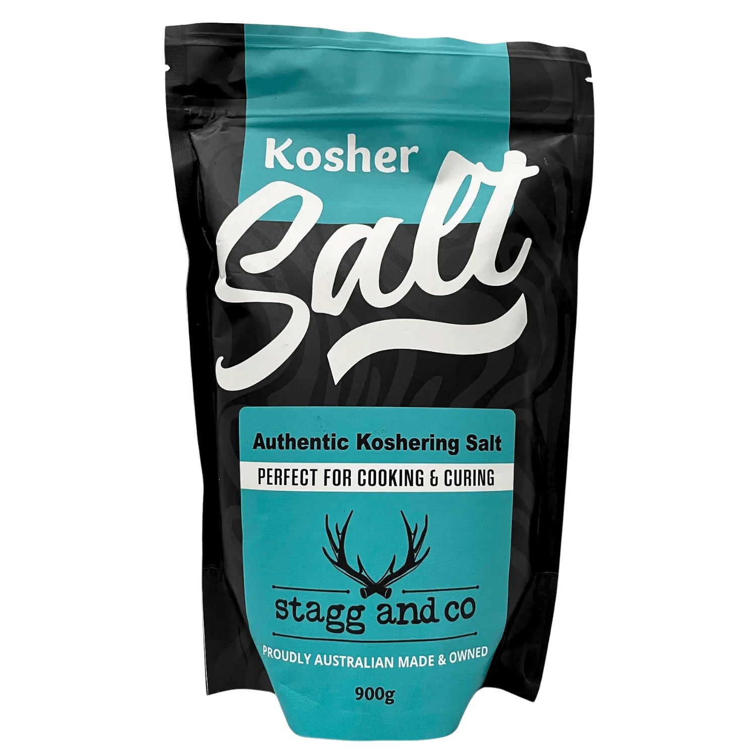 Front of Stagg & Co Kosher Salt 900g packaging – pure coarse salt for cooking and BBQ