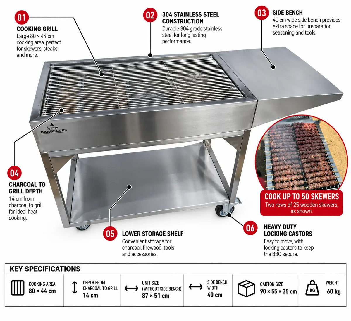 Stainless steel charcoal BBQ infographic showing an 80 x 44 cm cooking area, 40 cm side bench, lower storage shelf, locking castors and capacity for up to 50 wooden BBQ skewers across two rows.